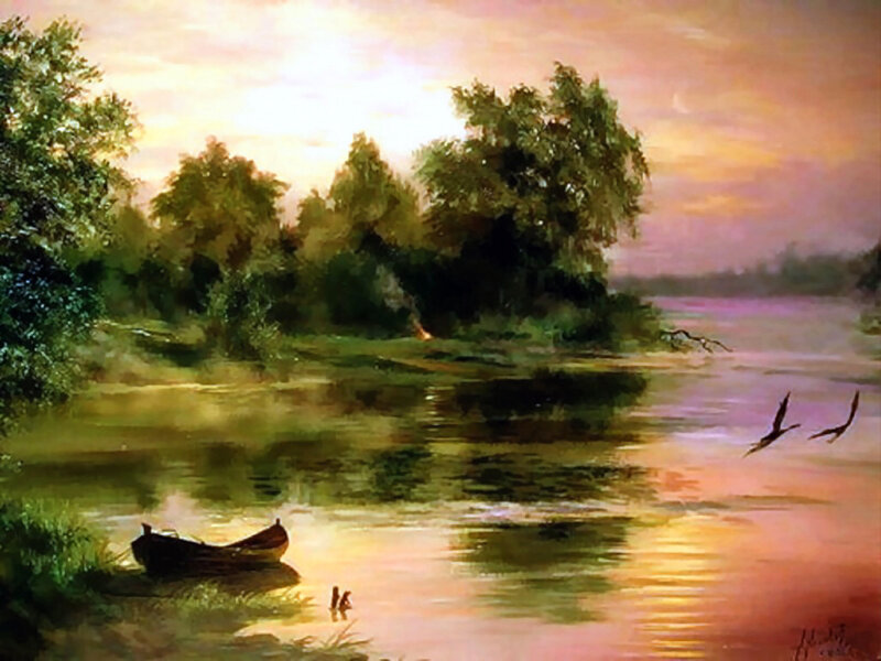 Boat on River at Dusk — Green