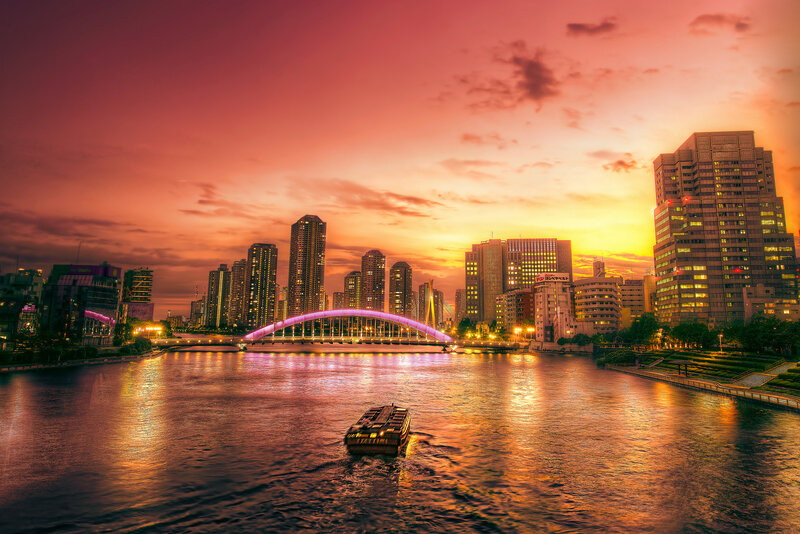 Boat on River at Dusk — Orange, Dramatic