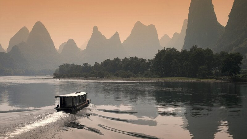 Boat on River at Dusk — Orange