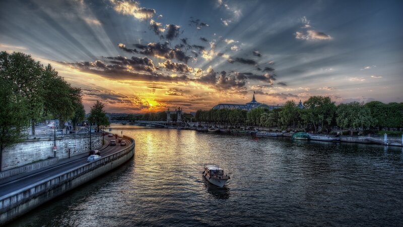 Boat on River at Sunset — Blue, Dramatic, Photograph