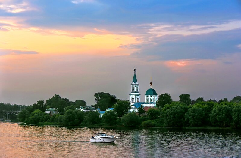 Boat on River at Sunset — Blue, Serene