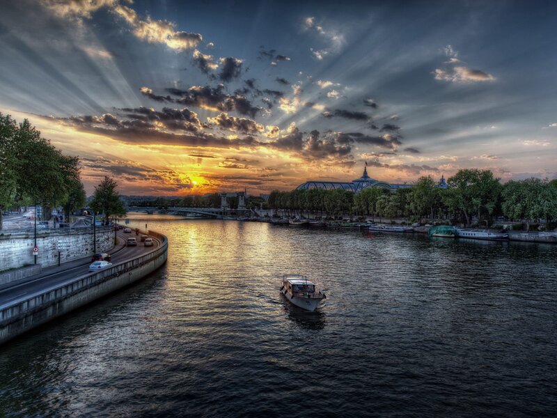 Boat on River at Sunset — Blue