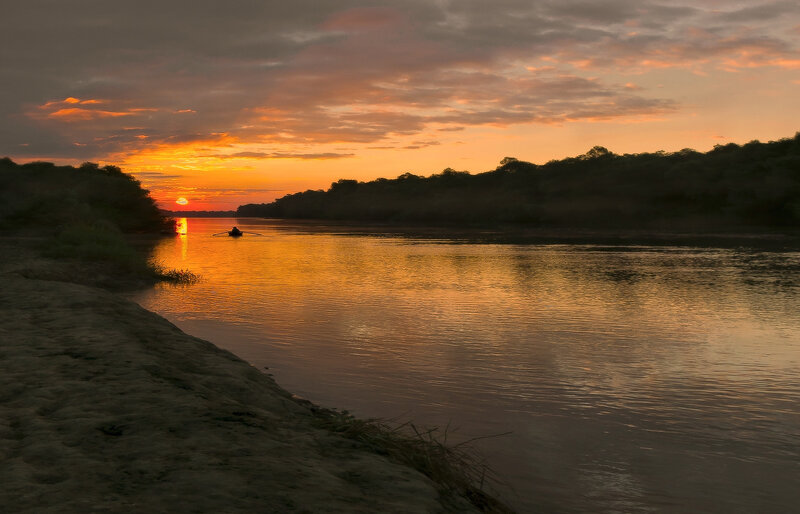 Boat on River at Sunset — Orange, Serene, Photograph, Trees