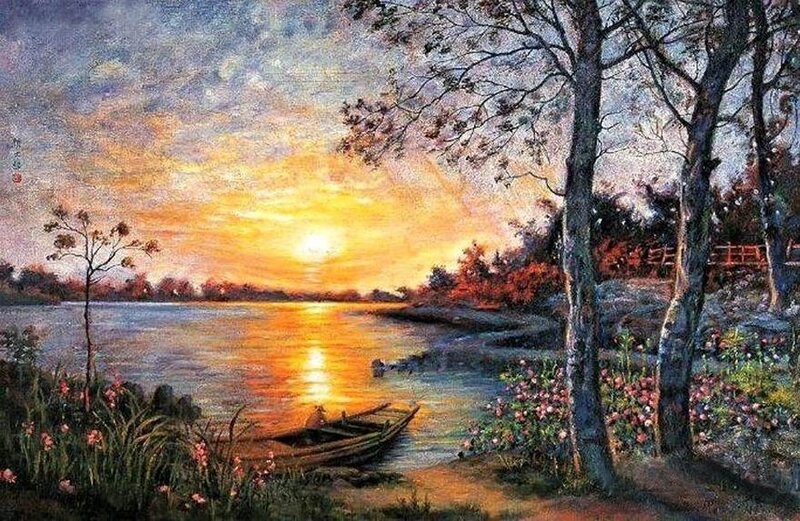 Boat on River at Sunset — Orange