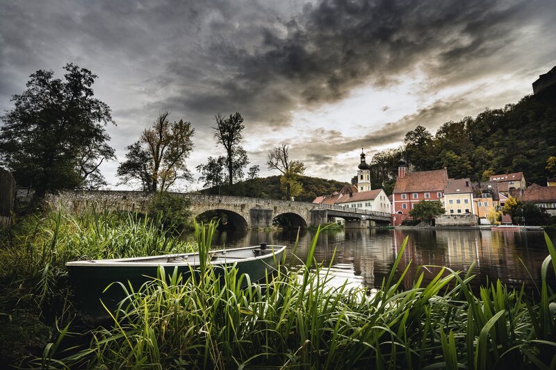 Boat on Riverbank — Green, Dramatic