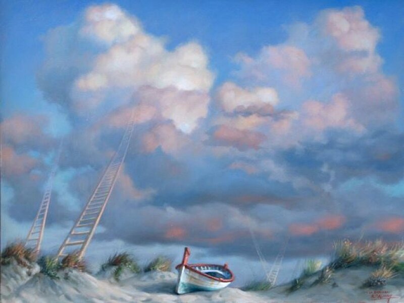 Boat on Sandy Beach — Blue, Dreamy