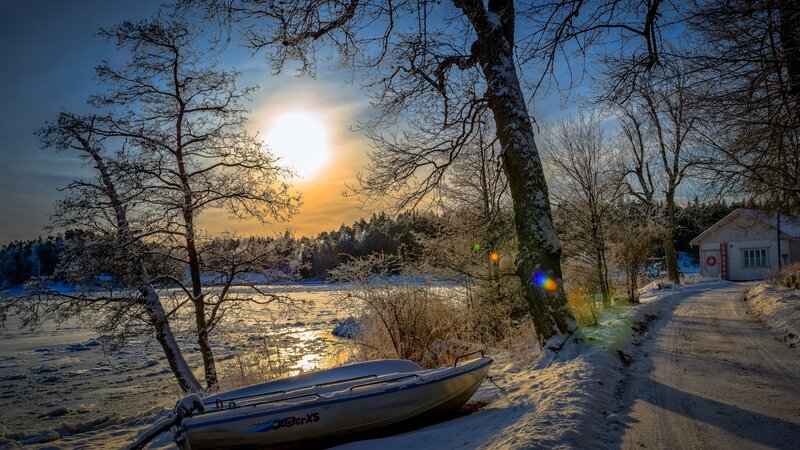 Boat on Snowy Shore — Blue, Serene