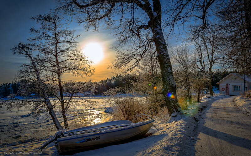 Boat on Snowy Shore — Blue, Serene, Winter