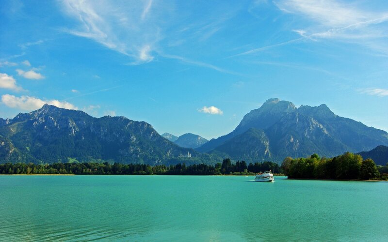 Boat on Turquoise Lake — Blue, Serene, Afternoon, Photograph