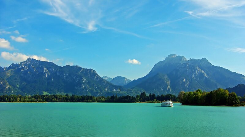 Boat on Turquoise Lake — Blue, Serene, Afternoon