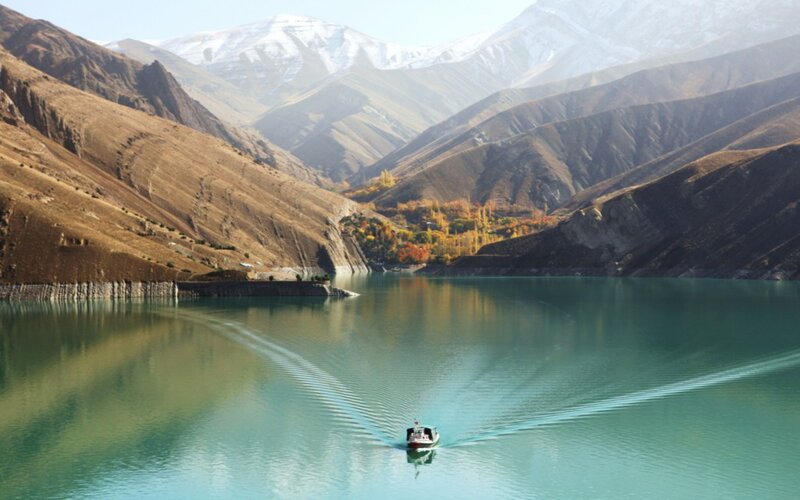 Boat on Turquoise Lake — Blue, Serene