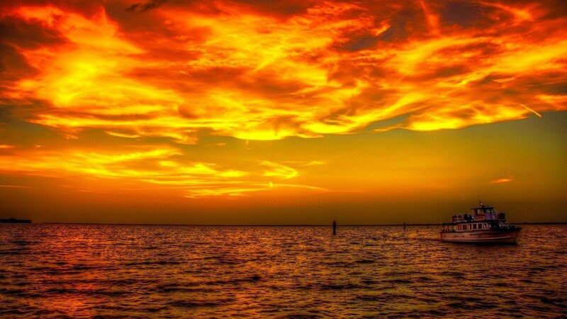 Boat on Water at Sunset — Orange, Dramatic, Photograph, Sky, Clouds