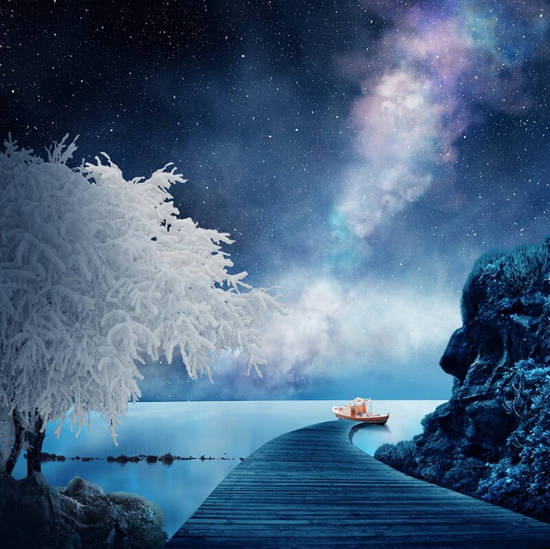 Boat on Wooden Pier — Blue