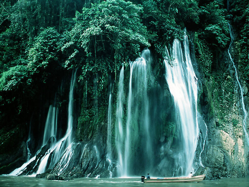 Boat under Waterfall — Green, Serene, Photograph