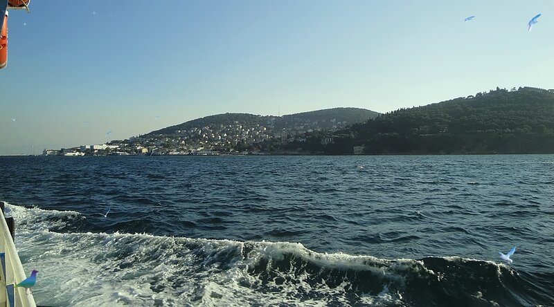 Boat View of Coastal Town — Blue
