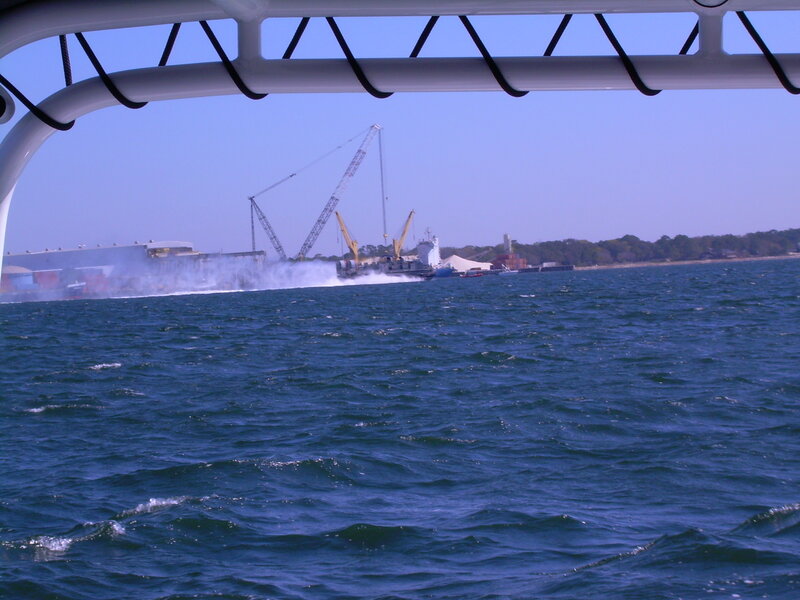 Boat view of port with cranes