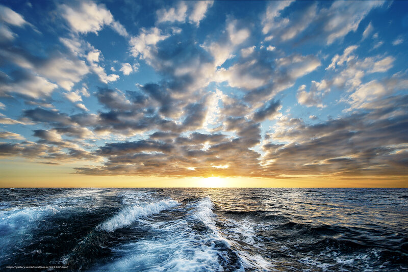Boat Wake on Ocean — Blue, Dramatic, Sunset
