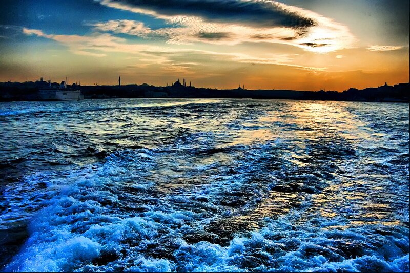 Boat Wake on Water — Blue, Dramatic