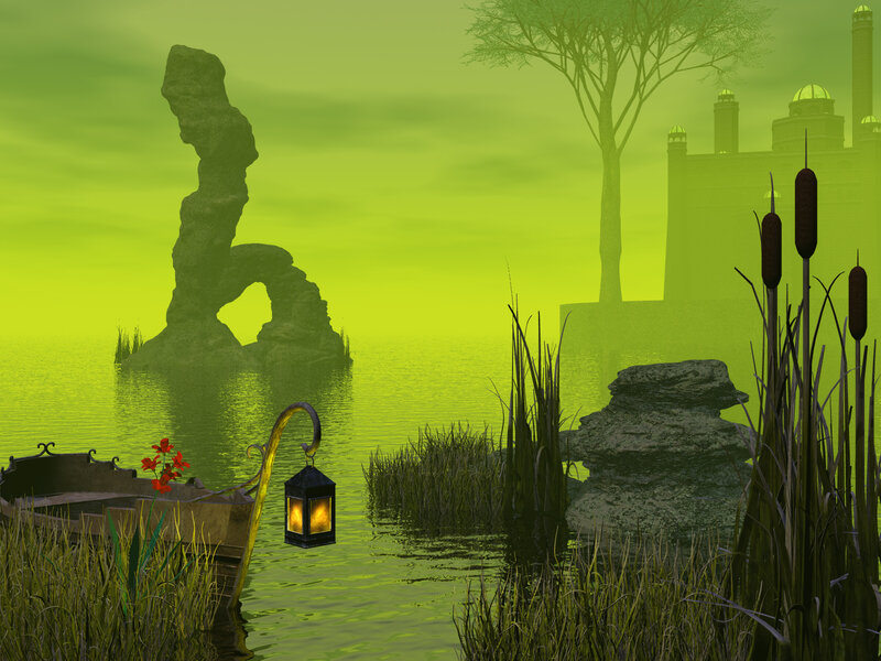 Boat with Lantern on Water — Green