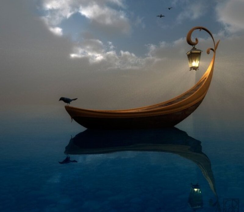Boat with Lantern on Water