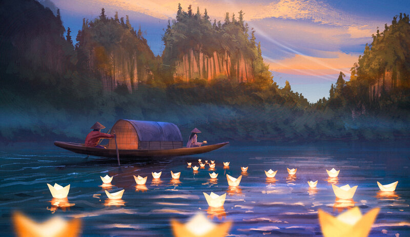 Boat with Lanterns on Water