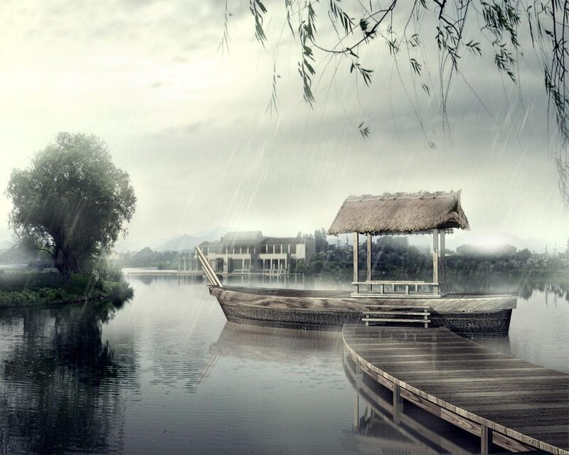 Boat with Thatched Roof — Gray, Serene