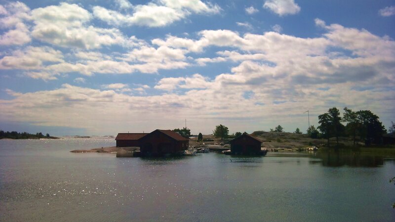 Boathouses on a rocky island