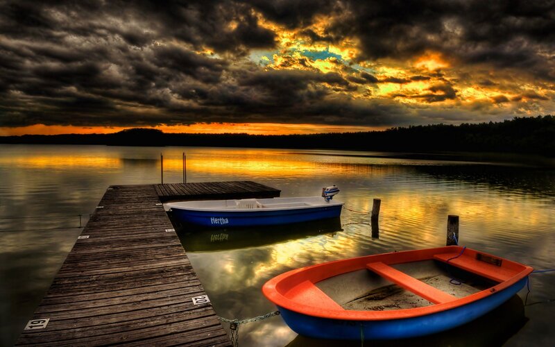 Boats at a Lake Dock — Blue, Dramatic