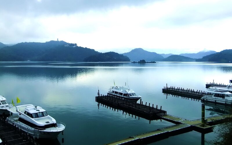 Boats at a Lake Dock — Blue, Serene, Morning, Photograph, Docks