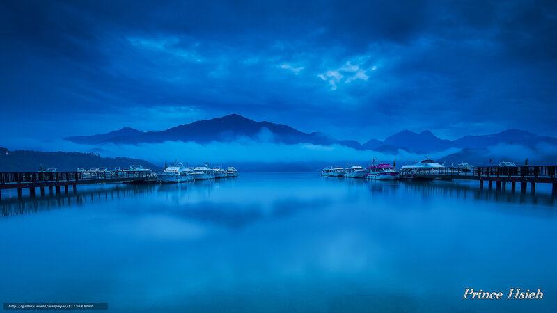 Boats at a Lake Dock — Blue, Serene, Night, Photograph, Mountains