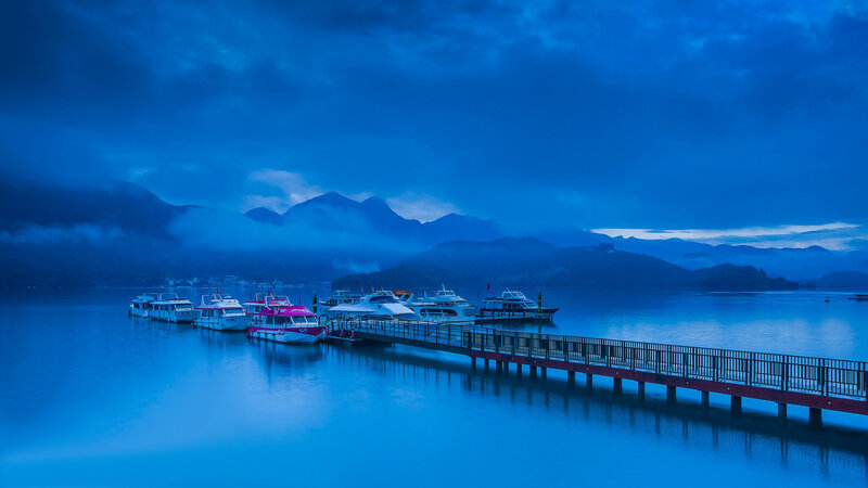 Boats at a Lake Dock — Blue, Serene, Night