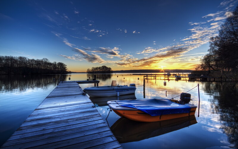 Boats at a Lake Dock — Blue, Serene, Sunset, Photograph
