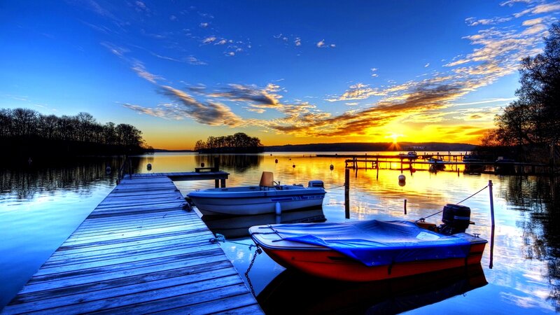 Boats at a Lake Dock — Blue, Serene, Sunset