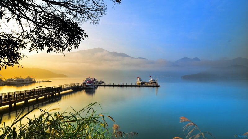 Boats at a Lake Dock — Blue, Serene