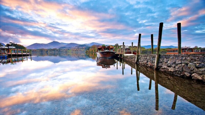 Boats at a Lakeside Dock — Blue, Serene
