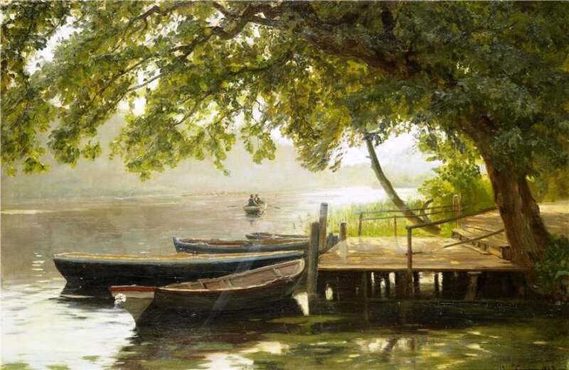 Boats at a Lakeside Dock — Green