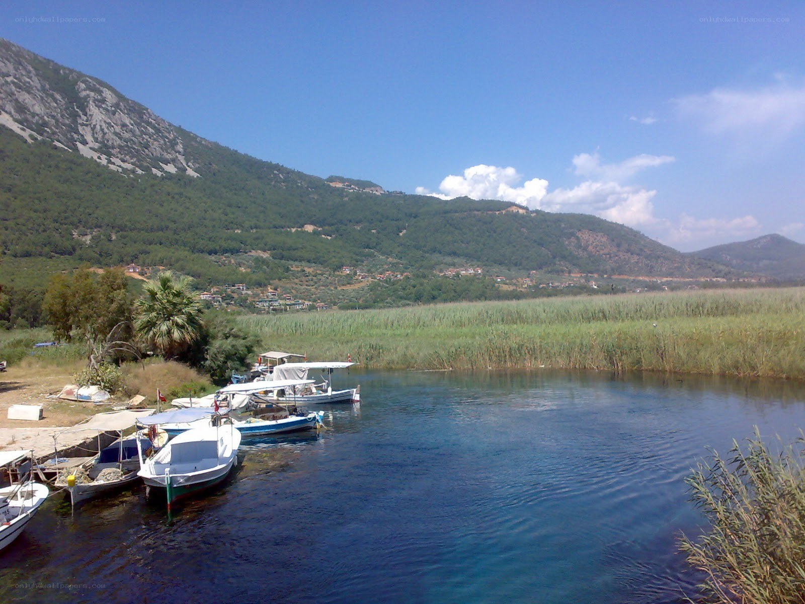 Boats at a lakeside with mountains