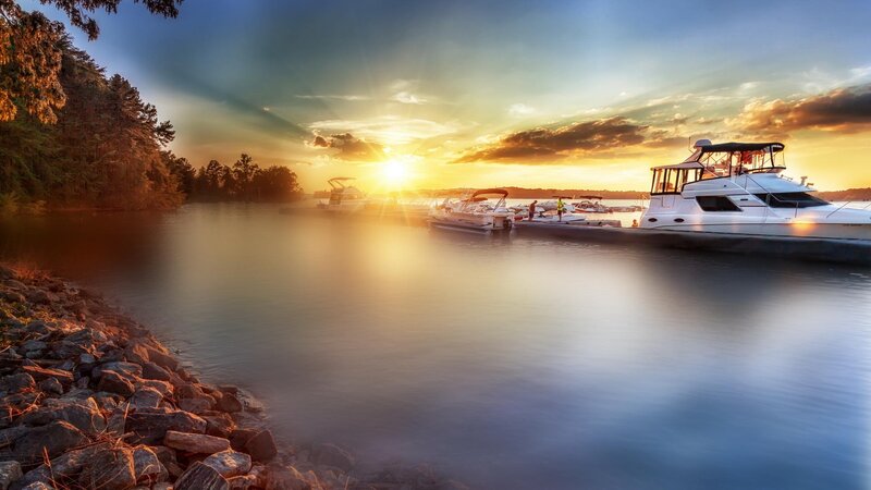 Boats at a Marina — Blue, Serene, Sunset, Photograph, Trees, Rocks
