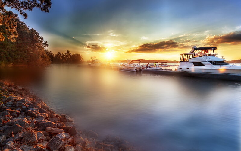 Boats at a Marina — Blue, Serene, Sunset, Photograph, Trees