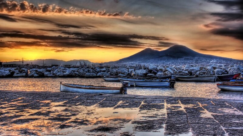 Boats at Harbor with Volcano — Orange