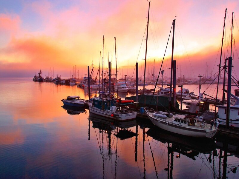 Boats at sunset in a harbor