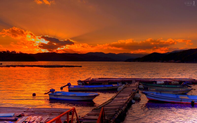 Boats at Sunset — Orange, Dramatic, Photograph, Dock