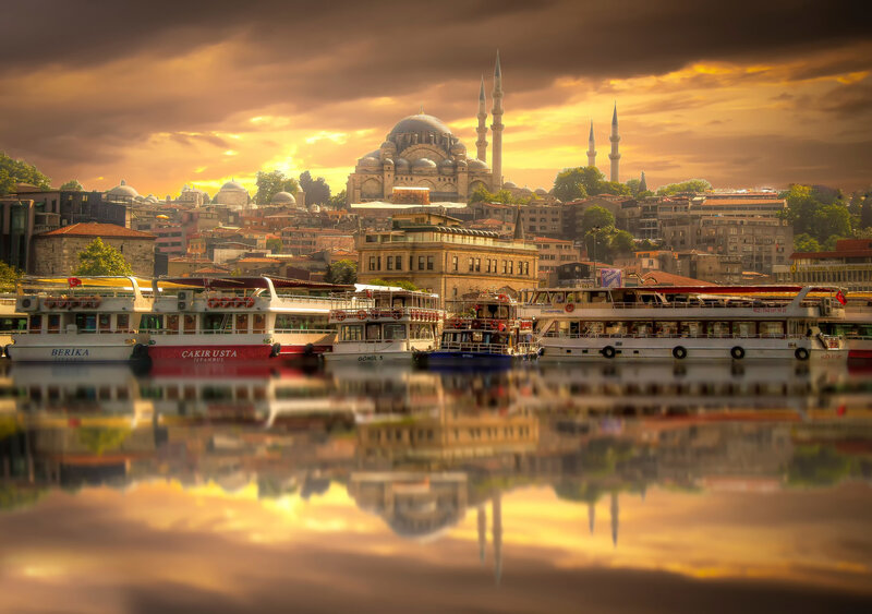 Boats at Sunset — Orange, Dramatic, Photograph, Mosque