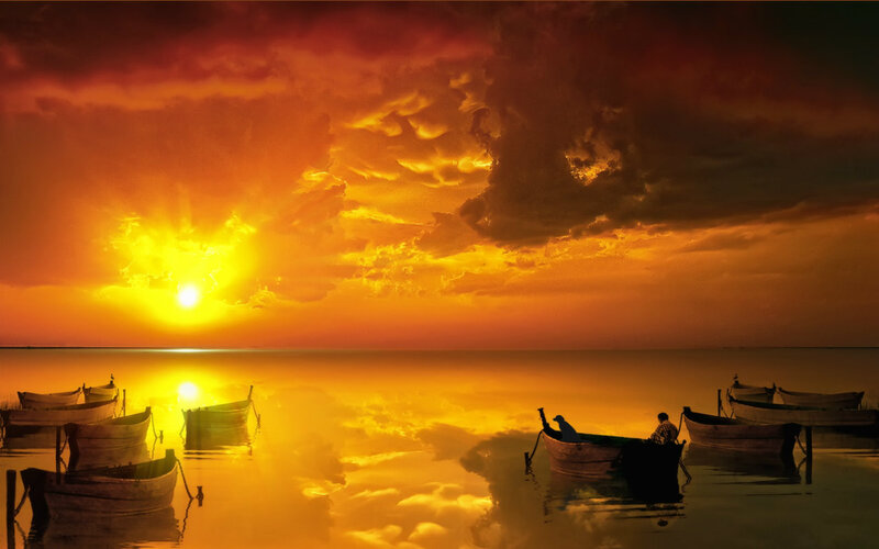 Boats at Sunset — Orange, Dramatic, Photograph, Sun