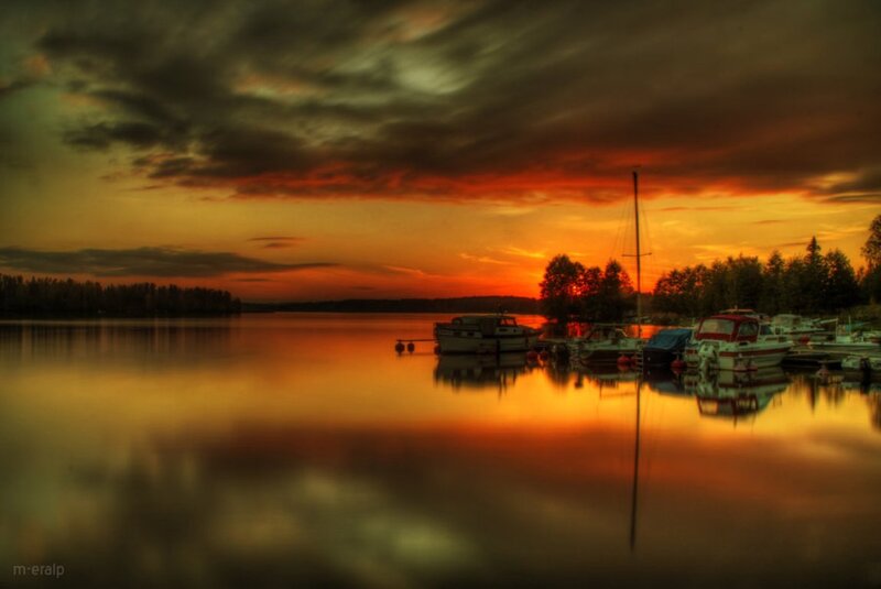 Boats at Sunset — Orange, Dramatic, Photograph, Trees