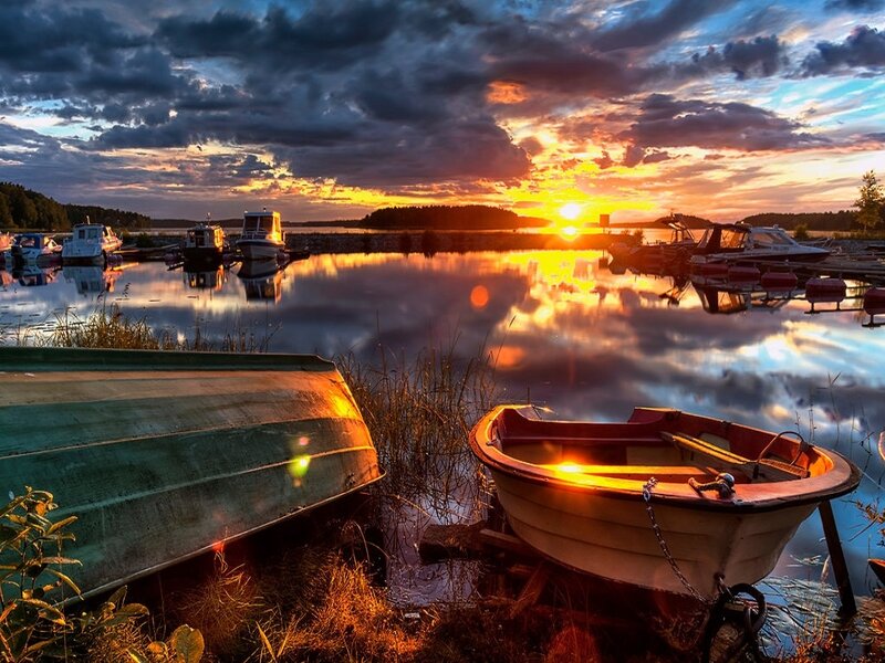 Boats at Sunset — Orange, Dramatic, Photograph, Water