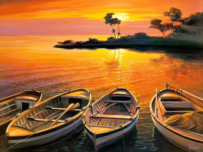 Boats at Sunset — Orange, Serene, Painting
