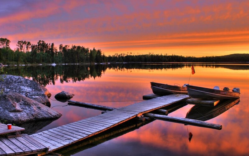 Boats at Sunset — Orange, Serene, Photograph, Dock, Lake, Trees