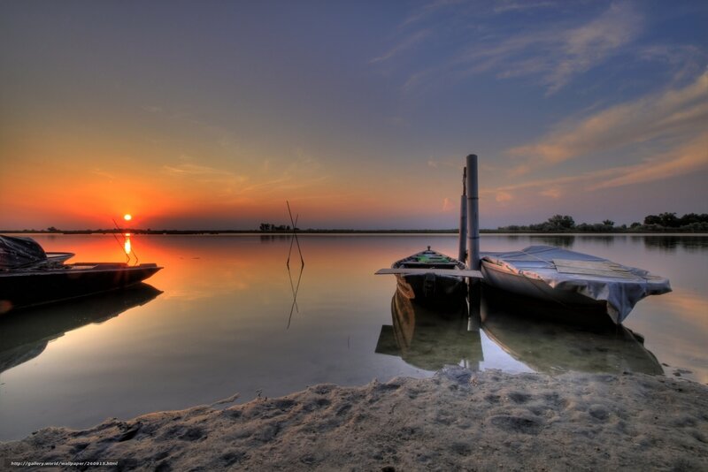 Boats at Sunset — Orange, Serene, Photograph, River