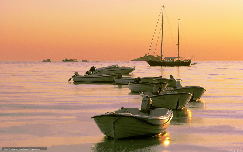 Boats at Sunset — Orange, Serene, Photograph, Sailboat